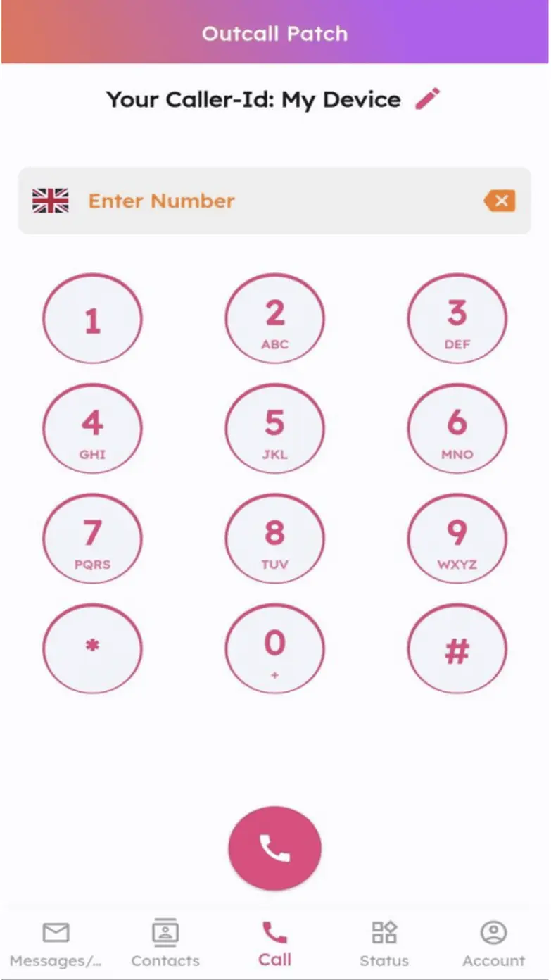 Pocket Receptionist iOS app screenshot showing the Outcall Patch dial pad with your business caller ID